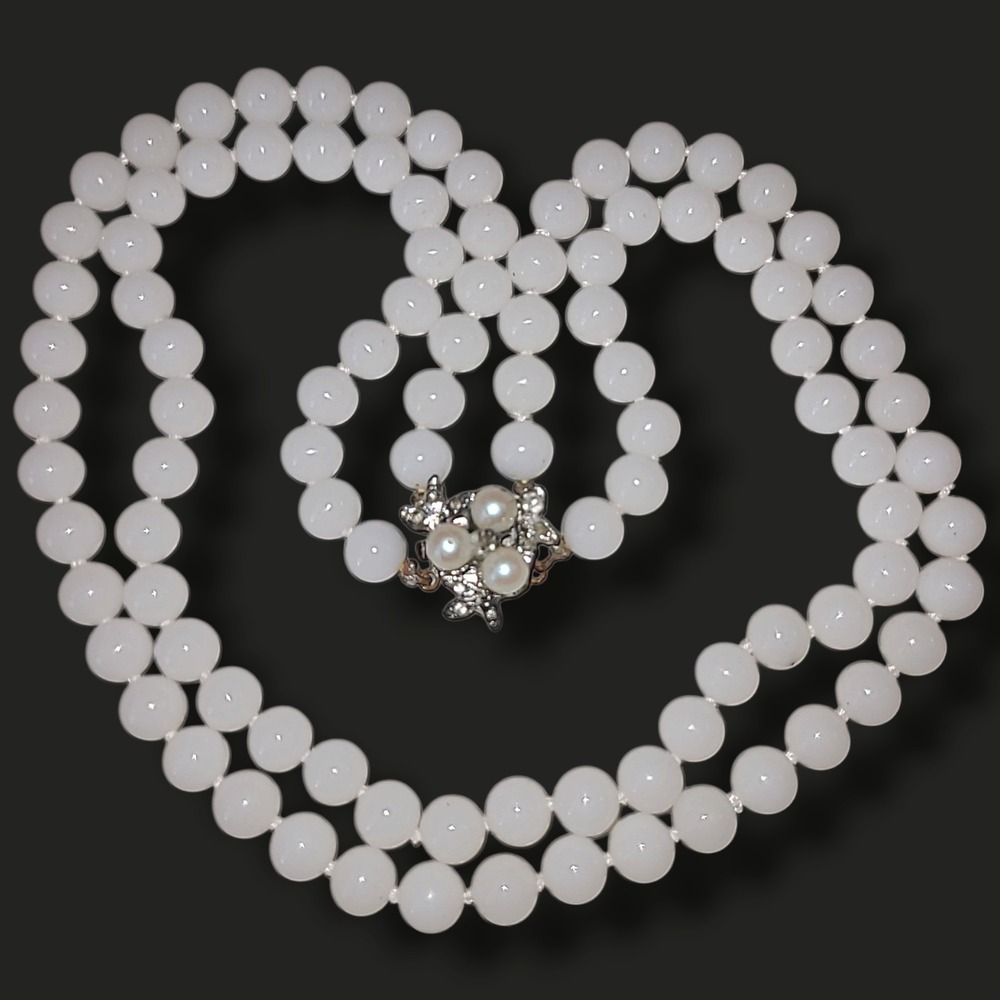 Vintage Japan 2 Strand White Milk Glass Beaded Faux Pearl Necklace 1950s